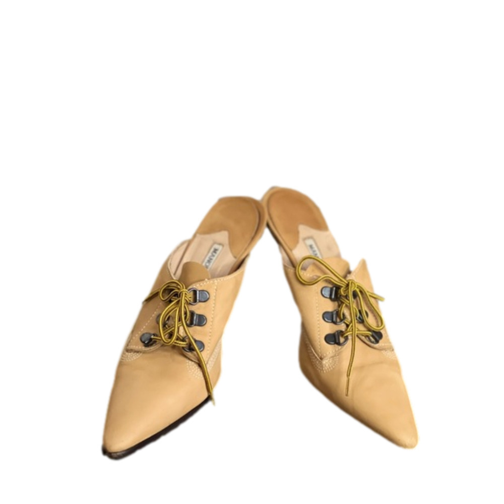 Vintage Manolo Blahnik Shoes Rare Oklamod Timberland Nubuck Tan Heeled Mules
